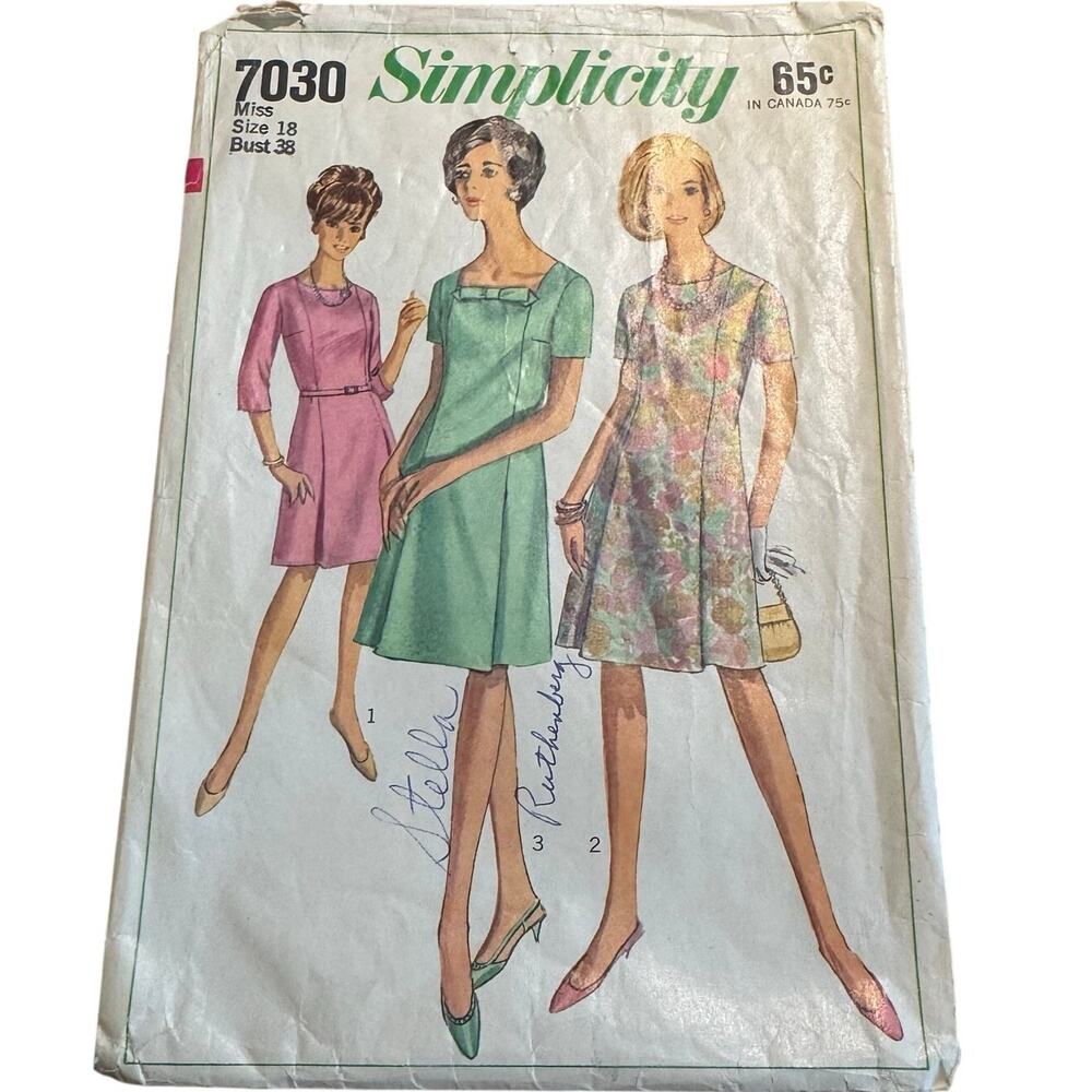 Vintage 1967 Simplicity Sewing Pattern 7030 A-Line Dress Size 18 Bust 38 Cut